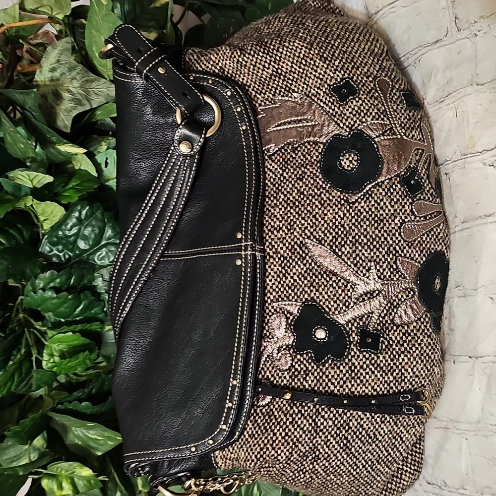 Hayden-Harnett Leather Tweed Brown Black Metallic Floral Studded Bag W/ 2 faces